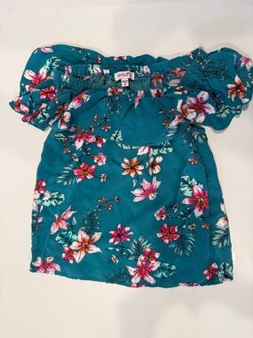 Chenault Girls Teal Tropical Floral Off-Shoulder Top